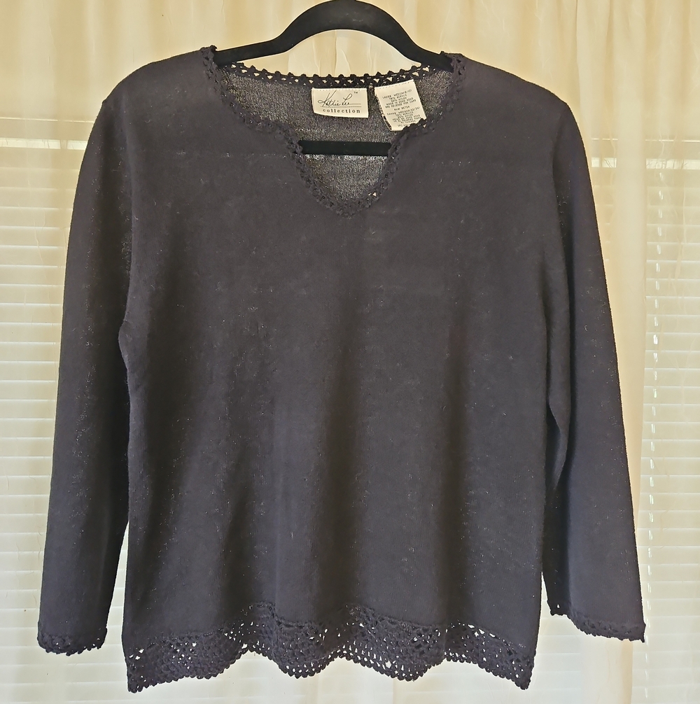 Kathie Lee Collection Black Crochet Hem Split Neck Pullover Knit Top